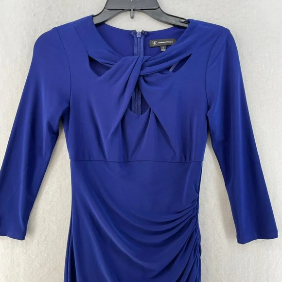 INC International Concept Dress Sz 0 Blue Draped 3/4 Sleeve Knee Length Bodycon - Picture 6 of 10